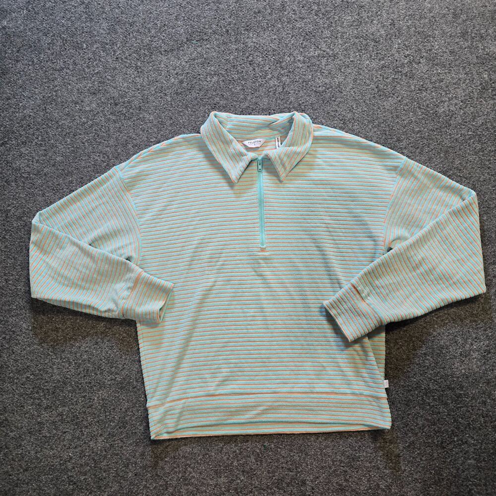 Peloton Top Womens Size Small Green Striped Terry Cloth 1/4 Zip Athletic Casual